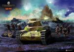  battle caterpillar_tracks commentary explosion ground_vehicle gun highres katana kobayashi_motofumi machine_gun military military_vehicle motor_vehicle multiple_boys official_art rifle sword tank type_97_chi-ha wargaming_japan weapon world_of_tanks 