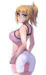  ass bare_shoulders bike_shorts blonde_hair blue_eyes breasts gundam gundam_build_fighters gundam_build_fighters_try hevn hoshino_fumina light_smile long_hair looking_at_viewer looking_back medium_breasts ponytail simple_background solo tight white_background 