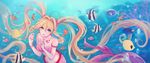  1girl angelfish blonde_hair blue_eyes bra breasts butterflyfish clownfish highres long_hair medium_breasts mermaid mermaid_melody_pichi_pichi_pitch monster_girl nanami_lucia ocean pink_bra ponytail shirt t-shirt underwear 