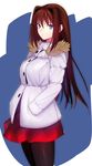  aozaki_aoko black_legwear blue_eyes breasts brown_hair coat hands_in_pockets highres large_breasts long_hair looking_at_viewer mahou_tsukai_no_yoru pantyhose skirt solo tetsu_(kimuchi) winter_clothes winter_coat 