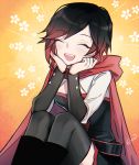  artist_name black_hair blush boots breasts cape cleavage closed_eyes commentary corset ecru happy hooded_cape multicolored_hair open_mouth red_hair ruby_rose rwby smile solo 