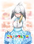  1girl alternate_costume black_hair blue_bow blue_neckwear blush bow bowtie breasts closed_mouth copyright_name employee_uniform eyebrows_visible_through_hair grey_hair hair_between_eyes head_wings high-waist_skirt kemono_friends kobeya koubeya_uniform large_breasts looking_at_viewer multicolored_hair nose_blush plaid plaid_skirt shirt shoebill_(kemono_friends) short_sleeves sketch skirt skirt_hold solo spoken_ellipsis title_parody traditional_media two-tone_hair uniform white_shirt yellow_eyes yuuki_(snowhouse) 