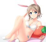  animal_ears bare_shoulders blue_eyes blush bow bow_bra bow_panties bra breasts brown_hair bunny_ears bunny_tail carrot cleavage collarbone full_body grin inflatable_toy legs looking_at_viewer love_live! love_live!_sunshine!! medium_breasts panties salute shoes short_hair simple_background single_shoe smile solo tail tucana underwear underwear_only watanabe_you white_background white_bra white_panties 