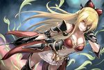  armor bangs bare_shoulders bikini_armor black_gloves black_legwear blonde_hair boots bow breasts brown_footwear dress dutch_angle empty_eyes gloves granblue_fantasy hair_between_eyes hair_bow hair_ornament hand_on_own_face holding holding_weapon large_breasts long_hair looking_at_viewer navel_cutout open_mouth orange_eyes rapier short_dress solo sword tea_(nakenashi) vira_lilie weapon 