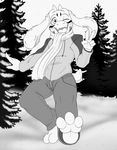 anthro barefoot boss_monster bubble_kitten17 caprine clothed clothing forest fully_clothed goat hi_res horn long_ears looking_at_viewer male mammal monochrome outside pancakes_(character) scarf smile snow solo tree undertale video_games 