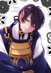  black_hair blue_eyes head_tilt japanese_clothes lips male_focus mikazuki_munechika morino_bambi sayagata smile touken_ranbu translation_request twitter_username 