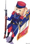  &gt;:) bangs bayonet belt belt_pouch between_breasts blonde_hair blue_eyes blush boots breasts commentary_request double-breasted epaulettes flag flagpole france french french_flag full_body gun hair_ornament hair_rings hat highres holding holding_gun holding_weapon jacket karo-chan long_hair medium_breasts military military_uniform original pants peaked_cap pouch rifle shadow simple_background smile solo standing twitter_username uniform v-shaped_eyebrows weapon white_background world_war_i x_hair_ornament 
