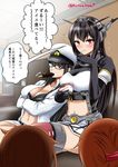  black_gloves black_hair blush bra breasts brown_hair check_translation cleavage commentary_request elbow_gloves female_admiral_(kantai_collection) fingerless_gloves folded_ponytail food gloves headgear ice_cream ikazuchi_(kantai_collection) inazuma_(kantai_collection) kantai_collection kuroba_dam large_breasts long_hair miniskirt mouth_hold multiple_girls nagato_(kantai_collection) red_eyes remodel_(kantai_collection) short_hair skirt translated translation_request twitter_username underwear 