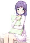  :o blush commentary_request cover cover_page doujin_cover flying_sweatdrops frilled_sleeves frills green_eyes harunabe_(refresh_star) long_hair long_sleeves looking_at_viewer love_live! love_live!_school_idol_project low-tied_long_hair nightgown on_bed pajamas pillow pillow_hug purple_hair scrunchie sitting sitting_on_bed solo toujou_nozomi v-shaped_eyebrows yellow_scrunchie 