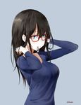  arms_up artist_name black_hair blue_background blue_eyes breasts glasses hairband highres idolmaster idolmaster_cinderella_girls large_breasts leewh1515 long_hair long_sleeves mouth_hold sagisawa_fumika simple_background solo upper_body 