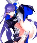  armor armored_boots bangs blue_eyes blue_ribbon boots crotch_plate dutch_angle eyebrows_visible_through_hair fate/extra fate/extra_ccc fate_(series) faulds glowing hair_between_eyes hair_ribbon highres invisible_chair leg_up long_hair long_sleeves looking_at_viewer meltlilith navel purple_hair revealing_clothes ribbon sitting sleeves_past_wrists solo stomach tetsu_(kimuchi) thigh_boots thighhighs thighs very_long_hair waist_cape wide_sleeves 
