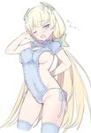  ;o angela_balzac arm_behind_back bangs bare_shoulders blade_(galaxist) blonde_hair blue_eyes blue_legwear blue_ribbon blue_swimsuit blush breasts casual_one-piece_swimsuit cleavage_cutout covered_navel covered_nipples cowboy_shot eyebrows_visible_through_hair green_ribbon groin hair_ribbon hand_in_hair headgear long_hair looking_at_viewer low_twintails medium_breasts one-piece_swimsuit one_eye_closed open_mouth rakuen_tsuihou ribbon short_sleeves side-tie_swimsuit sideboob simple_background solo standing sweat swimsuit thighs translation_request tsurime twintails very_long_hair virgin_killer_swimsuit white_background 