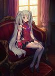  bangs black_skirt blue_eyes boots closed_mouth commentary_request couch curtains eyebrows_visible_through_hair fate/grand_order fate_(series) gloves grey_hair high_heel_boots high_heels hoshi_o_mite indoors legs_together long_hair long_legs marie_antoinette_(fate/grand_order) red_gloves sidelocks sitting skirt sleeveless smile solo thigh_boots thighhighs twintails very_long_hair white_footwear white_legwear window 