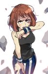  bare_shoulders blush_stickers boku_no_hero_academia breasts brown_eyes brown_hair commentary_request debris eyebrows frown injury jinno_(megacake) looking_at_viewer medium_breasts pants short_hair simple_background solo sweat tank_top track_pants uraraka_ochako white_background wiping_face wristband 