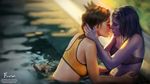  artist_name bare_arms bare_shoulders bathing bikini_top blurry blurry_background breasts brown_hair closed_eyes closed_mouth commentary day firolian from_side half-closed_eyes hand_on_another's_head highres imminent_kiss leaning_forward lips long_hair medium_breasts multiple_girls open_mouth outdoors overwatch partially_submerged pool profile purple_hair purple_lips purple_skin short_hair smile strapless strapless_bikini sunlight torso_grab tracer_(overwatch) upper_body water watermark web_address wet wet_hair widowmaker_(overwatch) yuri 
