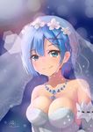  absurdres bare_shoulders blue_eyes blue_hair breasts cleavage crying detached_sleeves dress hair_ornament highres jewelry large_breasts looking_at_viewer maid_headdress necklace pearl_necklace pink_ribbon re:zero_kara_hajimeru_isekai_seikatsu rem_(re:zero) ribbon short_hair smile strapless tears upper_body veil wedding_dress x_hair_ornament zhudacaimiao 