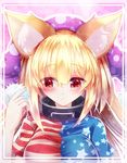  alternate_breast_size american_flag_dress animal_ears bangs blonde_hair blunt_bangs blush breasts clownpiece collar collarbone commentary_request eyebrows_visible_through_hair fox_ears hair_between_eyes hat jester_cap kemonomimi_mode large_breasts long_hair polka_dot red_eyes short_sleeves solo star star_print striped touhou z.o.b 