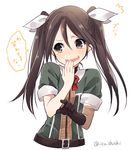  brown_eyes brown_gloves brown_hair elbow_gloves gloves hair_ribbon hand_to_own_mouth ica kantai_collection laughing long_hair looking_at_viewer pointing ribbon smile solo tone_(kantai_collection) translated twintails twitter_username white_ribbon 