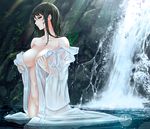  bangs bare_shoulders bathing black_hair breasts brown_eyes cleavage collarbone commentary_request giba_(out-low) hair_between_eyes highres large_breasts looking_at_viewer naked_robe navel original outdoors parted_lips robe see-through standing water waterfall wet 