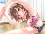  :d armpits arms_up ass blush breasts brown_eyes brown_hair cleavage covered_nipples esoragoto highres long_hair looking_at_viewer medium_breasts navel open_mouth smile solo spread_legs stretch teeth 
