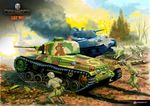  battle caterpillar_tracks commentary explosion ground_vehicle gun highres katana kobayashi_motofumi m4_sherman military military_vehicle motor_vehicle multiple_boys official_art rifle sword tank type_97_chi-ha wargaming_japan weapon world_of_tanks 