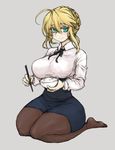  ahoge artoria_pendragon_(all) artoria_pendragon_(lancer) black_legwear blonde_hair bowl breasts casual chopsticks cosplay curvy dress fate/grand_order fate/stay_night fate_(series) green_eyes highres holding holding_chopsticks large_breasts looking_at_viewer pantyhose pencil_skirt rice rice_bowl saber saber_(cosplay) seiza shinpu_(sky301006201) sitting skirt smile solo thick_thighs thighs wide_hips 