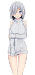  :d alternate_costume bare_legs bare_shoulders black_panties blue_eyes blush breasts commentary_request eyebrows_visible_through_hair hair_ornament hair_over_one_eye hairclip hamakaze_(kantai_collection) hand_on_own_arm holding_arm kantai_collection large_breasts long_sleeves looking_at_viewer no_pants open_mouth panties pantyshot pantyshot_(standing) ribbed_sweater short_hair shoulder_cutout silver_hair simple_background smile solo standing striped sweater takeyuu turtleneck underwear vertical_stripes white_background 