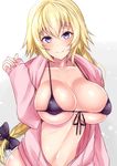  bangs bikini bikini_top black_bikini blonde_hair blue_eyes blush bow braid breasts cleavage collarbone commentary fate/apocrypha fate_(series) front-tie_bikini front-tie_top hair_between_eyes hair_bow hand_up highres jacket jeanne_d'arc_(fate) jeanne_d'arc_(fate)_(all) large_breasts long_braid long_hair looking_at_viewer navel open_clothes open_jacket pink_jacket sankakusui shiny shiny_skin single_braid skindentation smile solo swimsuit very_long_hair 