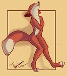  2012 ambiguous_gender anthro canine crossed_arms digital_media_(artwork) dipstick_tail eyes_closed flat_chested fox fur hand_between_legs head_up hi_res hindpaw mammal multicolored_tail nude open_mouth orange_fur paws simple_background solo standing teeth tuke warm_colors yellow_background 