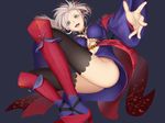  ass breasts fate/grand_order fate_(series) grey_background high_heels highres japanese_clothes kimono kuraka large_breasts looking_at_viewer miyamoto_musashi_(fate/grand_order) navel ponytail reaching_out solo thighhighs thighs 