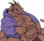  anthro belly biceps clothing dragon dramamine drooling hoodie horn long_tongue looking_at_viewer male mostly_nude muscular nipple_piercing nipples obese open_hoodie overweight pecs penis piercing saliva scalie segremores simple_background solo tattoo tongue white_background 