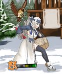  &gt;:( ainu_clothes anchor bandaged_leg bandages bandana basket bird blue_eyes cannon chain commentary_request crate frown fur_trim kamoi_(kantai_collection) kantai_collection long_hair mamahaha mrdotd nakoruru parody rigging samurai_spirits snow tree turret twitter_username v-shaped_eyebrows white_hair 