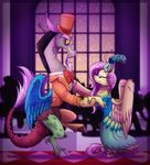  2015 blue_feathers bottomless clothed clothing dancing discord_(mlp) draconequus dress duo equine eyes_closed feathered_wings feathers female feral fluttershy_(mlp) friendship_is_magic hair hand_holding hat inuhoshi-to-darkpen male mammal membranous_wings my_little_pony pegasus pink_hair red_eyes smile wings yellow_feathers yellow_sclera 