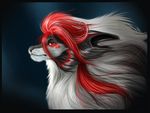  ambiguous_gender black_fur black_nose canine dog feral fur hair mammal red_eyes red_hair rikitoka simple_background solo white_fur 
