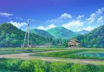  commentary day farm flower grass house landscape monorisu mountain no_humans original path power_lines road rural scenery sky telephone_pole tree wall water 