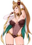  animal_ears arm_behind_head breasts brown_hair cleavage contrapposto covered_navel covered_nipples cowboy_shot detached_sleeves erune granblue_fantasy it_apollo large_breasts leotard long_hair looking_at_viewer metera_(granblue_fantasy) mole mole_under_mouth naughty_face purple_eyes revealing_clothes sidelocks smile solo standing thighhighs twintails white_background 
