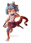  2015 4_toes 5_fingers anthro barefoot black_nose blue_hair clothed clothing collar feline fur green_eyes hair horn hybrid male mammal orange_fur rikitoka smile solo tiger toes topless 