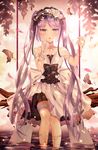  absurdres bangs blurry blush bonnet bug butterfly commentary depth_of_field dress euryale eyebrows_visible_through_hair fate/hollow_ataraxia fate_(series) frilled_hairband frills hairband highres insect junpaku_karen legs_together long_hair looking_at_viewer outdoors parted_lips petals purple_eyes purple_hair sitting soaking_feet solo swing tree_trunk twintails very_long_hair water white_dress 
