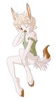  anthro barefoot blonde_hair brown_nose cervine clothed clothing deer fur hair hooves male mammal rikitoka simple_background sitting smile solo white_background white_fur 