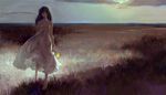 barefoot black_hair blurry cloud cloudy_sky commentary dark depth_of_field dress field flower grass highres holding holding_flower horizon landscape long_hair looking_at_viewer original scenery sketch sky smile solo sundress sunlight tentsuu_(tentwo) twilight white_dress 