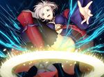  breasts fate/grand_order fate_(series) glowing grey_background high_heels highres japanese_clothes kimono kuraka large_breasts looking_at_viewer miyamoto_musashi_(fate/grand_order) navel ponytail reaching_out solo thighhighs thighs white_hair 