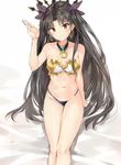  arm_at_side bare_arms bare_shoulders bed_sheet big_hair black_hair black_ribbon blush breasts cleavage closed_mouth collarbone commentary crown detached_collar earrings eyebrows_visible_through_hair fate/grand_order fate_(series) foreshortening hair_ribbon hand_up head_tilt highres hoop_earrings ishtar_(fate/grand_order) jewelry long_hair long_legs looking_at_viewer medium_breasts navel red_eyes ribbon silver_(chenwen) simple_background sitting smile solo stomach strapless strapless_bikini thighs tsurime twintails very_long_hair white_background 