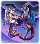  2015 blue_feathers brown_feathers cute discord_(mlp) draconequus duo equine fan_character feathered_wings feathers female feral friendship_is_magic hair inuhoshi-to-darkpen long_hair male mammal membranous_wings my_little_pony open_mouth pegasus wings 