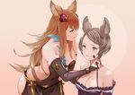  animal_ears applying_makeup bangs bare_back bare_shoulders bent_over breasts bridal_gauntlets brown_hair cleavage erune frills granblue_fantasy green_eyes grey_hair hair_ornament halterneck hip_vent it_apollo long_hair looking_at_another makeup_brush medium_breasts metera_(granblue_fantasy) mole mole_under_mouth multiple_girls purple_eyes short_hair siblings sisters sutera_(granblue_fantasy) thighhighs very_long_hair worried 