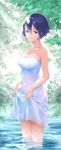  bare_shoulders blue_eyes blue_hair breasts cleavage day dress hair_between_eyes highres it_apollo lifted_by_self looking_at_viewer medium_breasts original short_hair sketch skirt_hold solo spaghetti_strap sundress wading water white_dress 