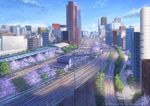  brand_name_imitation building cherry_blossoms cityscape cloud commentary day depth_of_field highres md5_mismatch niko_p no_humans original railroad_tracks real_world_location road scenery shadow shinjuku sky spring_(season) street tokyo_(city) train_station tree watermark 