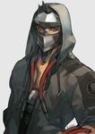  alternate_costume artist_name black_hair blackwatch_genji cyborg genji_(overwatch) hands_in_pockets hood hooded_jacket jacket male_focus mask open_clothes open_jacket overwatch red_eyes sae_(revirth) simple_background solo 