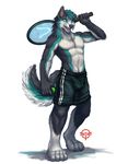  2016 anthro border_collie byowt canine clothed clothing collie dog fur hair heterochromia male mammal solo standing tennis topless 