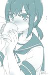  bangs blush coffee_mug collarbone cup drinking eyebrows_visible_through_hair eyelashes fingernails fubuki_(kantai_collection) green hair_tie holding holding_cup kantai_collection koruri long_hair low_ponytail monochrome mug nose_blush parted_lips ribbon school_uniform serafuku short_sleeves simple_background sleeve_cuffs solo steam tsurime upper_body white_background 