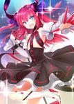  :d black_skirt blue_eyes boots detached_sleeves elizabeth_bathory_(fate) elizabeth_bathory_(fate)_(all) eyebrows_visible_through_hair fate/extra fate/extra_ccc fate_(series) fingernails floating_hair hair_between_eyes hair_ornament high-waist_skirt high_heel_boots high_heels kagachi_saku leg_up long_hair looking_at_viewer open_mouth outstretched_arm pointy_ears red_hair sharp_fingernails skirt smile solo very_long_hair white_footwear 